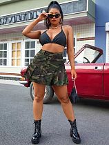 Camo Print High Waist Button Pleated Mini Skirt OD-8586