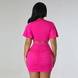 Solid Color Round Neck Crop Top and Package Hips Mini Skirts Set HANI-2340