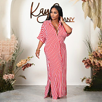 Half Sleeve Turn Down Collar Button Striped Shirt Dress HANI-041