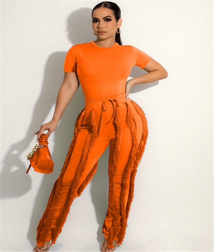 Short Sleeve T-shirt Tops Tassel Pants Summer Outfits OD-8548