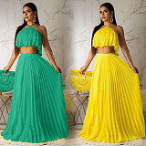 Sexy Pleated Crop Top with Floor-length Maxi Skirt 2 Pieces Set OD-8284
