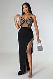 Sexy Mesh Sheer Hot Drill High Split Sling Maxi Dresses OD-8503