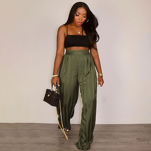 Casual Striped Satin Jacquard Mid Waist Straight Pants HANI-7065
