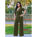 Elegant Short Sleeve V Neck Lace Up Straight Jumpsuit OD-8502