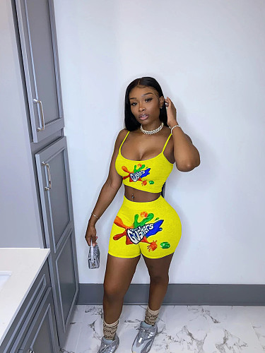 Fashion Print Belly-Navel Halter Top Shorts Two-piece Set FSL-103