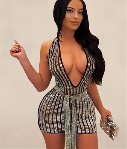 Hot Drill Low Cut Halter Neck Lace-up Party Dress OD-8483