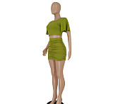 Solid Color Round Neck Crop Top and Package Hips Mini Skirts Set HANI-2340