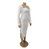 Low Cut Long Sleeve Side Slit Knitted Dress HANI-062