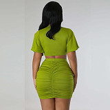 Solid Color Round Neck Crop Top and Package Hips Mini Skirts Set HANI-2340