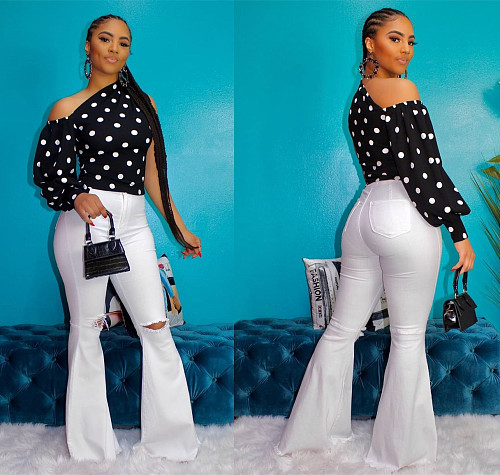 Digital Printed Wave Point Slanted Single-Sleeve Bubble Sleeve Top OD-8355