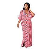 Half Sleeve Turn Down Collar Button Striped Shirt Dress HANI-041