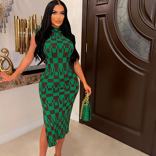 Elegant Plaid Print Sleeveless O Neck Bodycon Dresses HANI-096