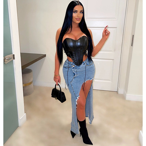 Streetwear High Waist Irregular Slit Denim Skirts OD-8552