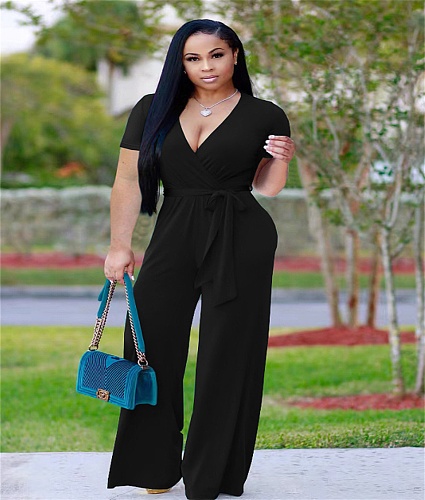 Elegant Short Sleeve V Neck Lace Up Straight Jumpsuit OD-8502