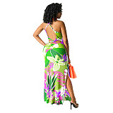 Floral Print V Neck Backless Slit Bodycon Maxi Dress HANI-025