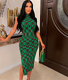 Elegant Plaid Print Sleeveless O Neck Bodycon Dresses HANI-096