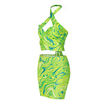 Sexy Print Halter Crop Top with Package Hips Mini Skirt Sets HANI-2341
