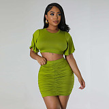 Solid Color Round Neck Crop Top and Package Hips Mini Skirts Set HANI-2340