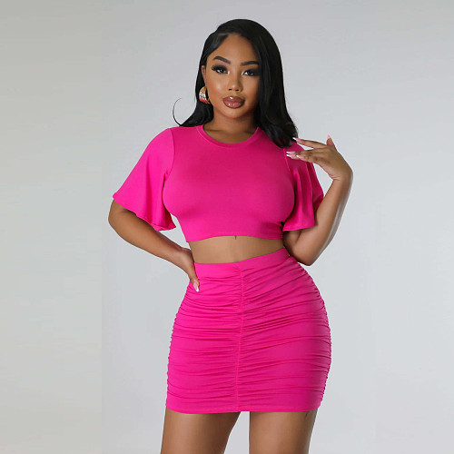 Solid Color Round Neck Crop Top and Package Hips Mini Skirts Set HANI-2340