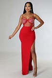Sexy Mesh Sheer Hot Drill High Split Sling Maxi Dresses OD-8503