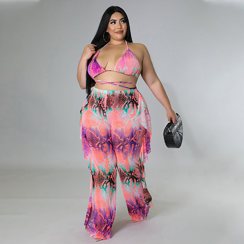 Beach Halter Bra Mesh Ruffles Pants 3 Piece Bikini Set HANI-016