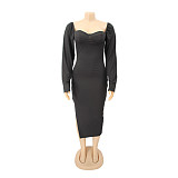 Low Cut Long Sleeve Side Slit Knitted Dress HANI-062