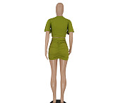 Solid Color Round Neck Crop Top and Package Hips Mini Skirts Set HANI-2340