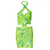 Sexy Print Halter Crop Top with Package Hips Mini Skirt Sets HANI-2341