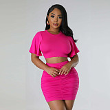 Solid Color Round Neck Crop Top and Package Hips Mini Skirts Set HANI-2340