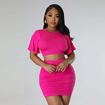 Solid Color Round Neck Crop Top and Package Hips Mini Skirts Set HANI-2340