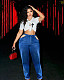 Women High-waisted Elastic Casual Ripped Jeans FSL-216