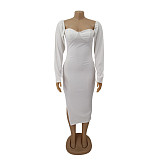 Low Cut Long Sleeve Side Slit Knitted Dress HANI-062