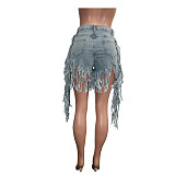 Women's broken-holes tassel denim shorts SH-3778