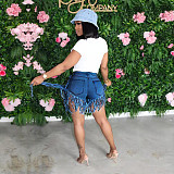 Women's broken-holes tassel denim shorts SH-3778
