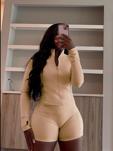 Sportswear Women Zipper Long Sleeve Skinny Shorts Two-piece Set CH-24068