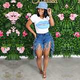 Women's broken-holes tassel denim shorts SH-3778