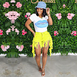 Women's broken-holes tassel denim shorts SH-3778