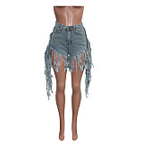 Women's broken-holes tassel denim shorts SH-3778