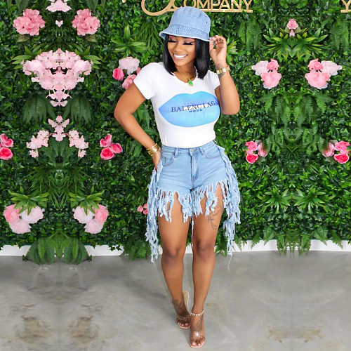 Women's broken-holes tassel denim shorts SH-3778