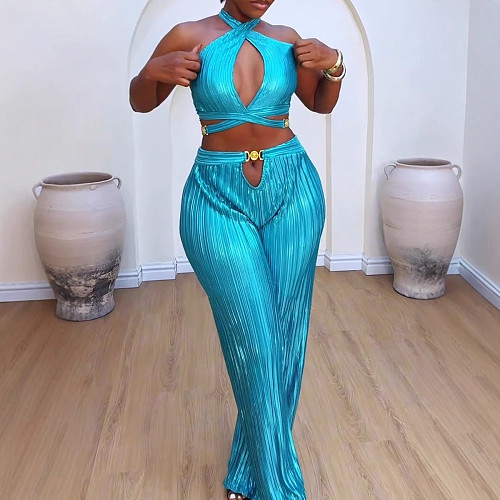 Sexy Halter Backless Hollow-out Crop Top And Long Pants Women 2 Pieces Sets NY-3330