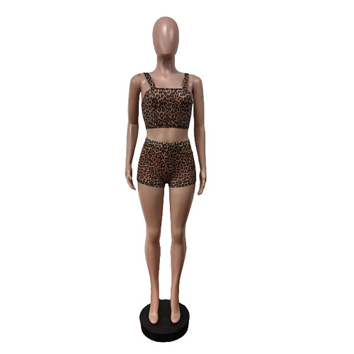 Sexy Leopard Print Mesh Women Stretch Vest Shorts Suits MEM-88624