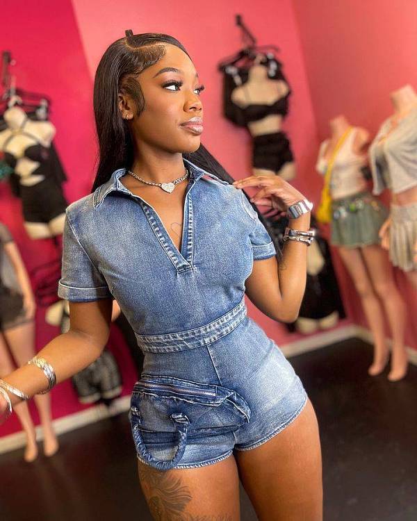 Women Short Sleeves Zipper Back Pockets Stretch Rompers Blue MEM-88626