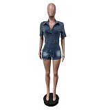 Women Short Sleeves Zipper Back Pockets Stretch Rompers Blue MEM-88626