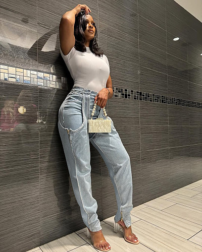 Fashion irregular cut-out splicing zipper hot drill stretch jeans YUN-52095