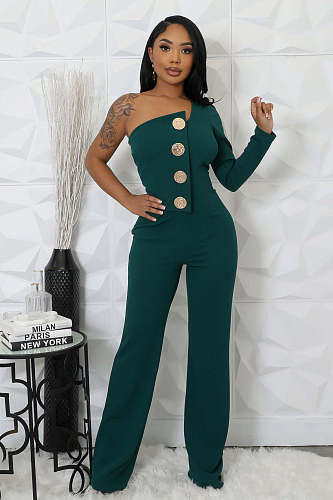 Women's splicing big button one-shoulder sports fitness jumpsuit OSM-4473