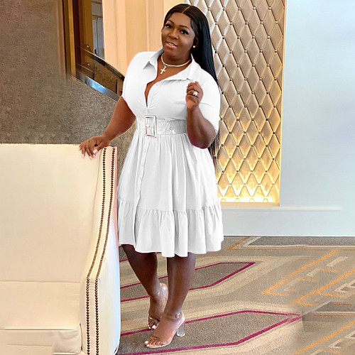 Plus-size women's solid-color lapel single-breasted shirt dress RS-211209