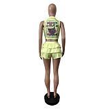 Women Print Sleeveless Crop Top And Flounced Shorts 2 Pieces Sets MEM-88632