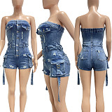 Sexy women strapless high-elastic pocket washed denim romper NIYA-8187