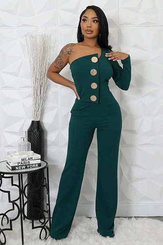 Women's splicing big button one-shoulder sports fitness jumpsuit OSM-4473