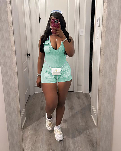 Leisure Girls Sleeveless Pockets Low-cut Solid Color Tight Romper TR-1313